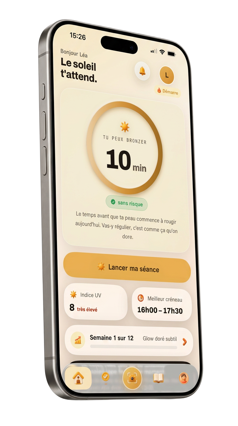 L'application Goldn affichant le temps de bronzage sûr et l'indice UV