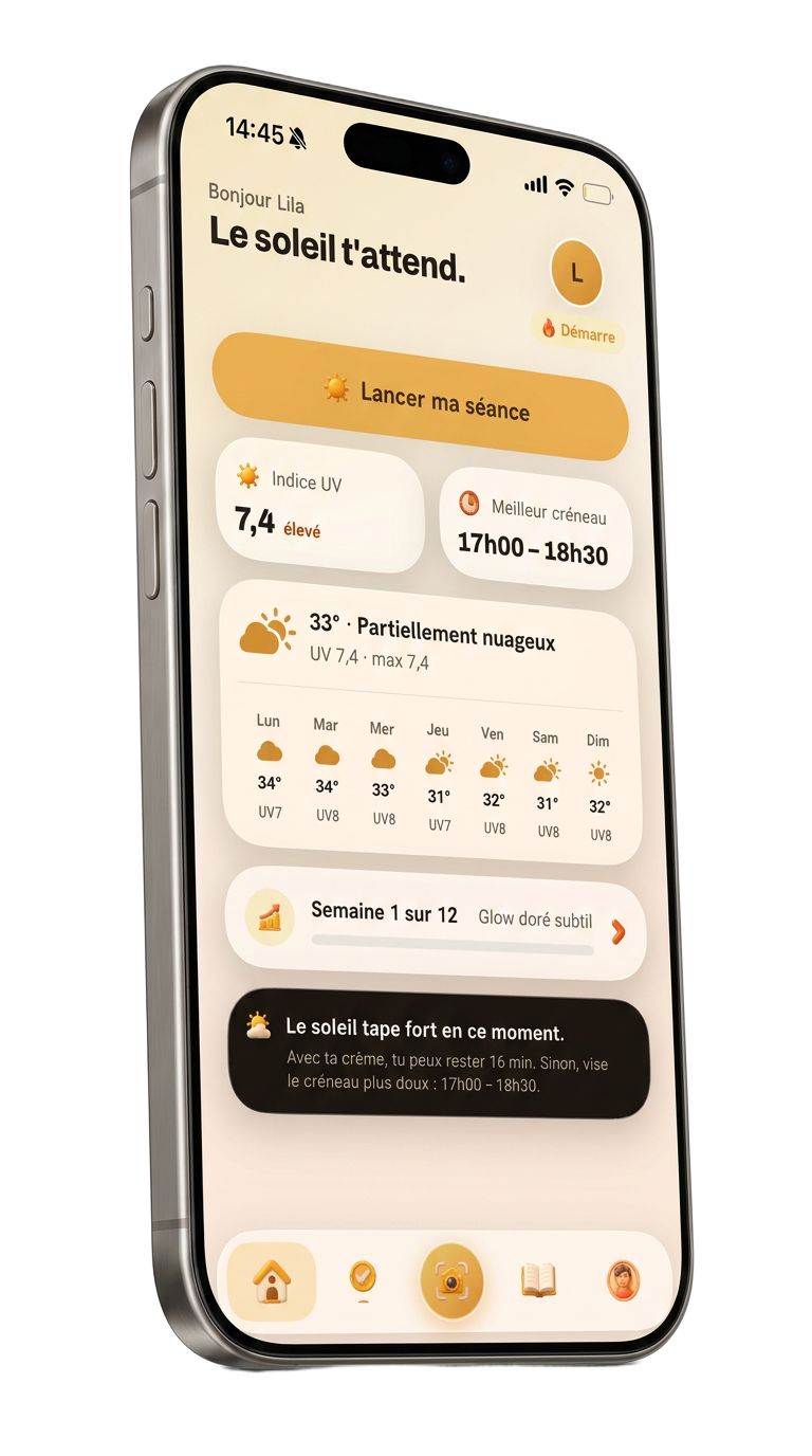 L'application Goldn affichant le temps de bronzage sûr et l'indice UV